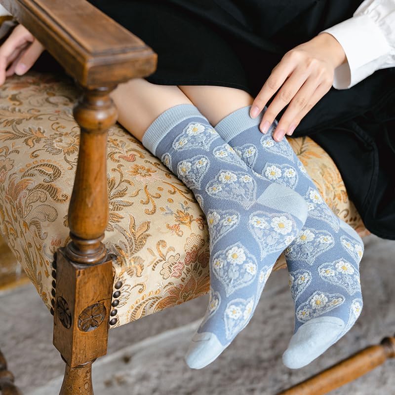 MarJunSep Cute Floral Crew Socks for Women Teen Girls Flower Cottagecore Frilly Vintage Fancy Cotton Socks - Image 3